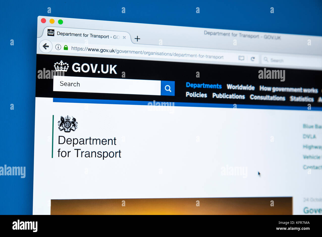 LONDON, Regno Unito - 30 OTTOBRE 2017: la homepage del Dipartimento per i trasporti sul Governo britannico sito web, il 30 ottobre 2017. Foto Stock