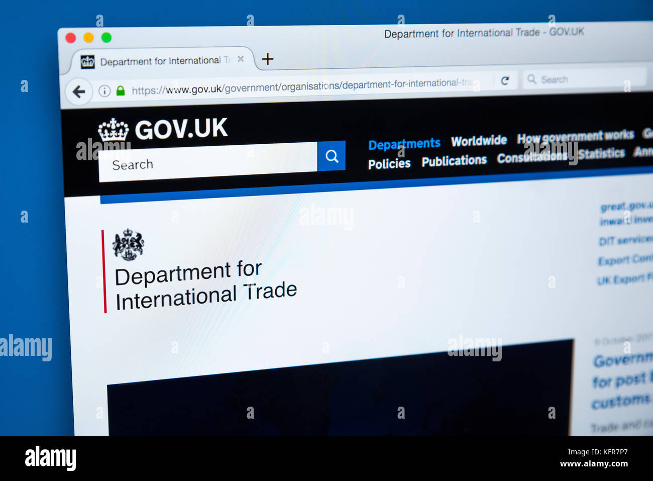 LONDON, Regno Unito - 30 OTTOBRE 2017: la homepage del Dipartimento per il commercio internazionale il governo del Regno Unito sito web, il 30 ottobre 2017. Foto Stock