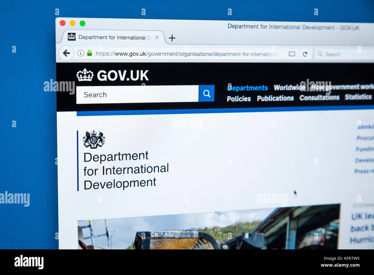 LONDON, Regno Unito - 30 OTTOBRE 2017: la homepage del Dipartimento per lo sviluppo internazionale del governo del Regno Unito sito web, il 30 ottobre 2017. Foto Stock