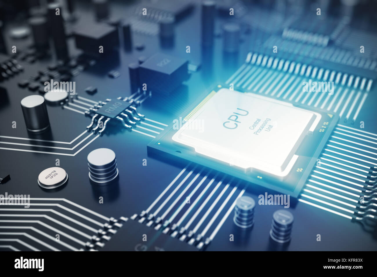 Il rendering 3D scheda di circuito. tecnologia sfondo. computer centrale  processori cpu concetto. scheda madre chip digitale. tech scienza sfondo  eda integrata del processore di comunicazione, informazioni cpu engineering  Foto stock -