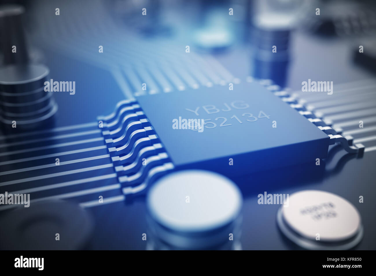 Il rendering 3D scheda di circuito. tecnologia sfondo. computer centrale processori cpu concetto. scheda madre chip digitale. tech scienza sfondo eda integrata del processore di comunicazione, informazioni cpu engineering Foto Stock