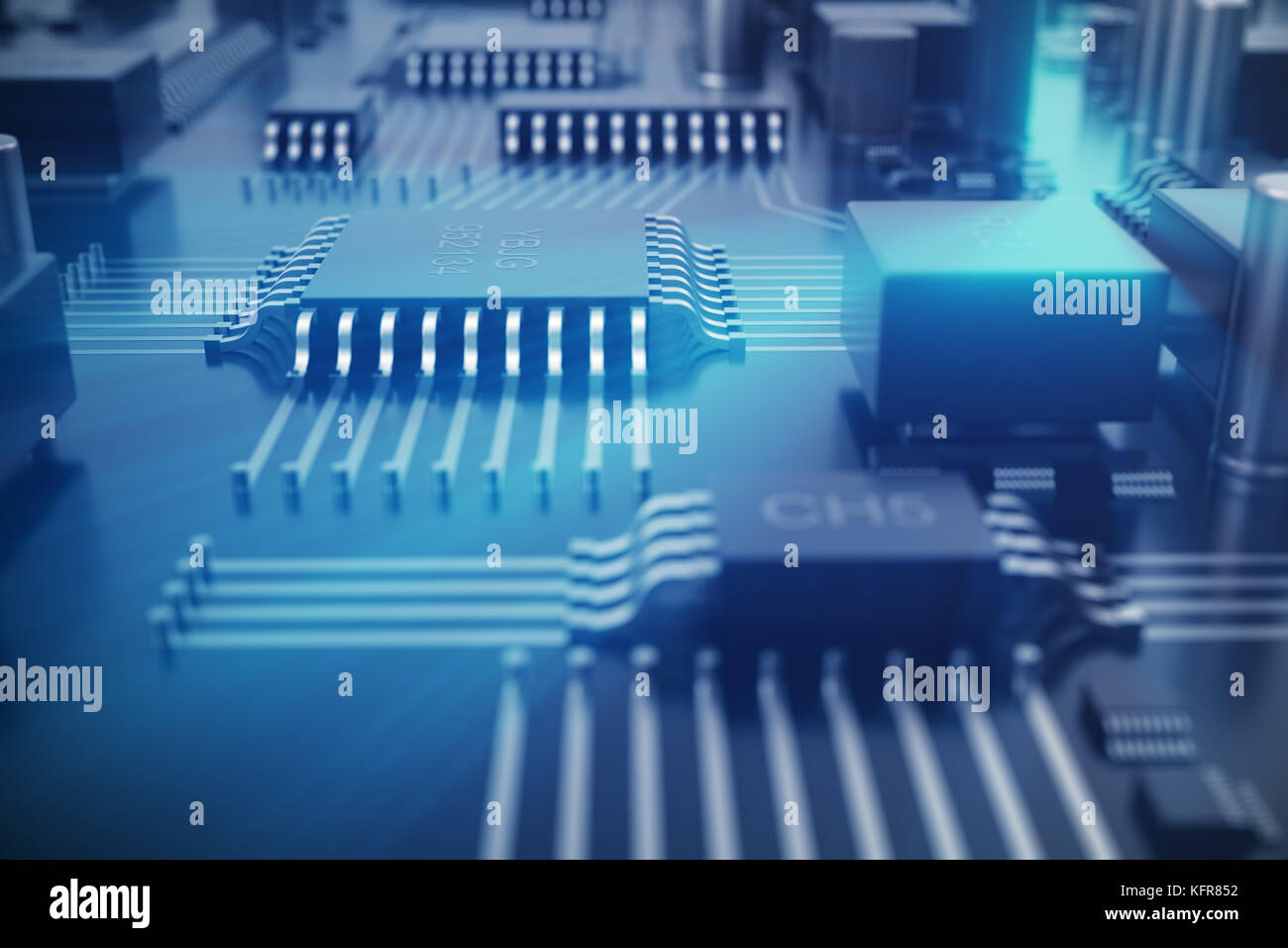 Il rendering 3D scheda di circuito. tecnologia sfondo. computer centrale processori cpu concetto. scheda madre chip digitale. tech scienza sfondo eda integrata del processore di comunicazione, informazioni cpu engineering Foto Stock