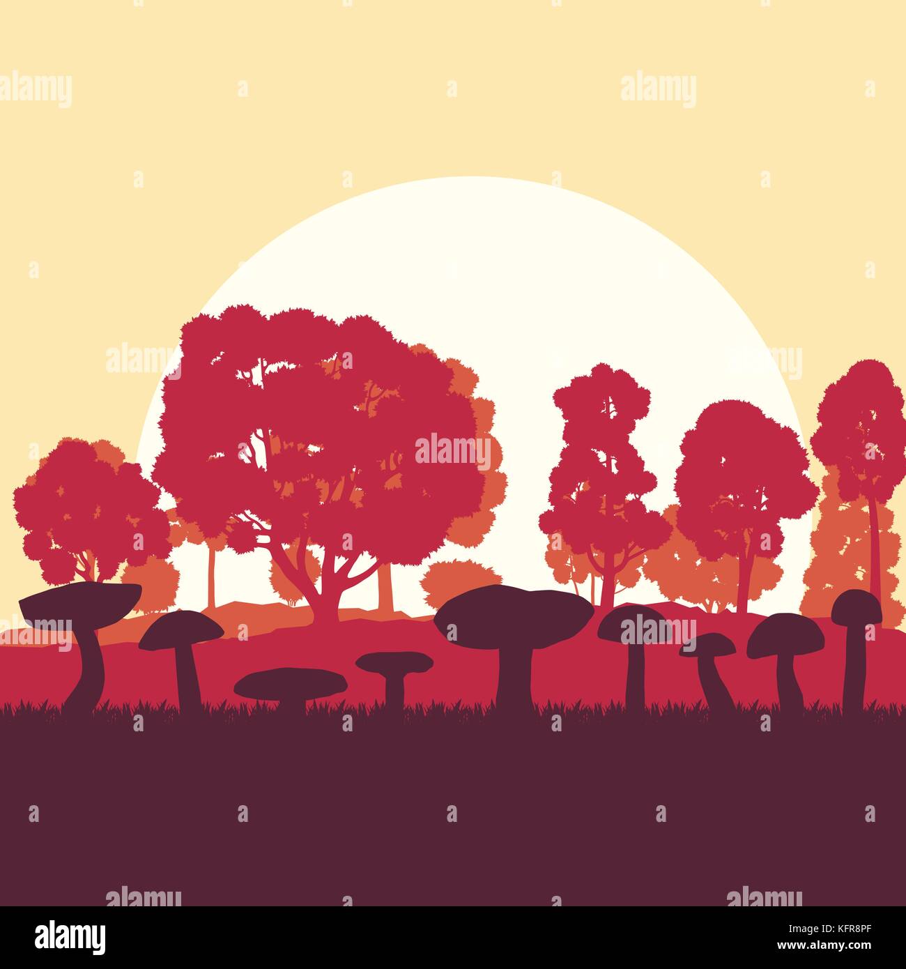 Fungo campo foresta paesaggio sfondo vettoriale con il tramonto del sole e gli alberi Illustrazione Vettoriale