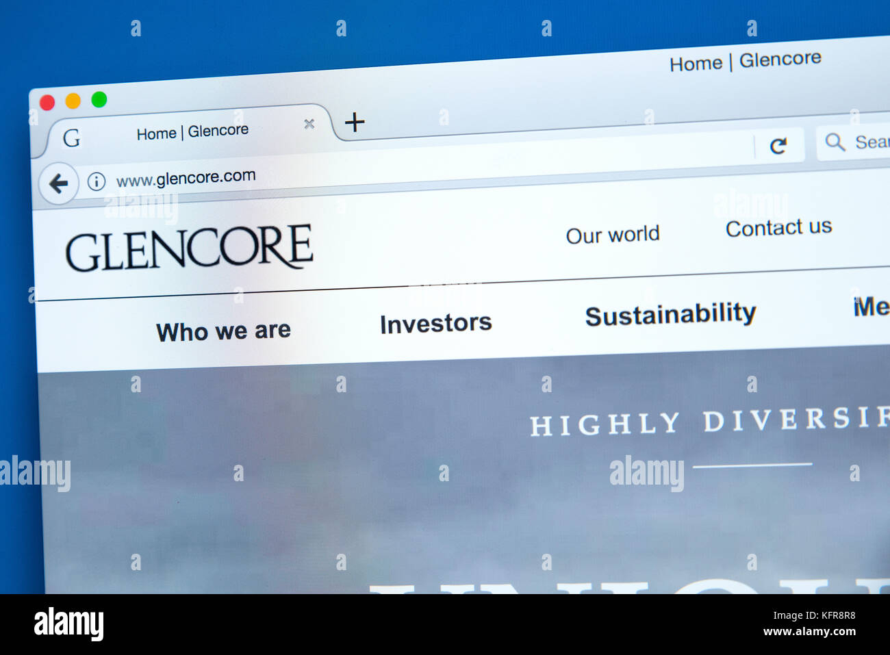 LONDON, Regno Unito - 26 OTTOBRE 2017: la homepage del sito ufficiale per la Glencore Plc - commodity trading e la società mineraria, il 26 ottobre 2017 Foto Stock