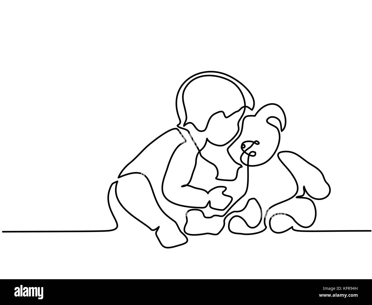 Rappresentazione in linea continua. Piccolo Ragazzo seduto con Teddy bear sullo sfondo bianco. Illustrazione Vettoriale Illustrazione Vettoriale