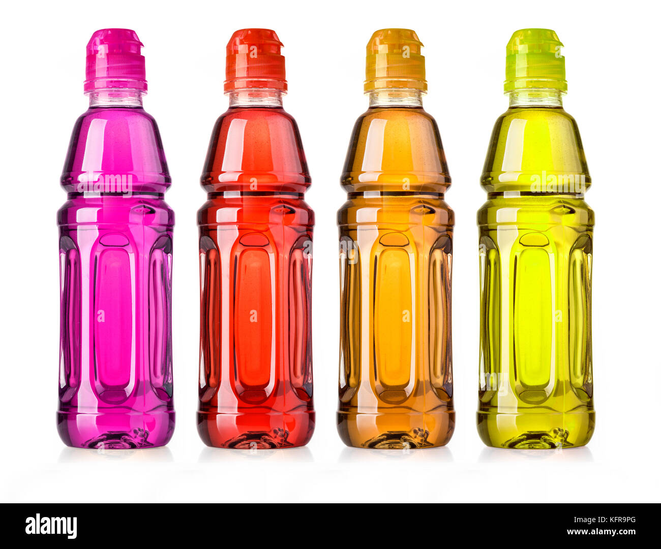 Le bevande energetiche con sapori diversi su uno sfondo bianco con tracciato di ritaglio Foto Stock