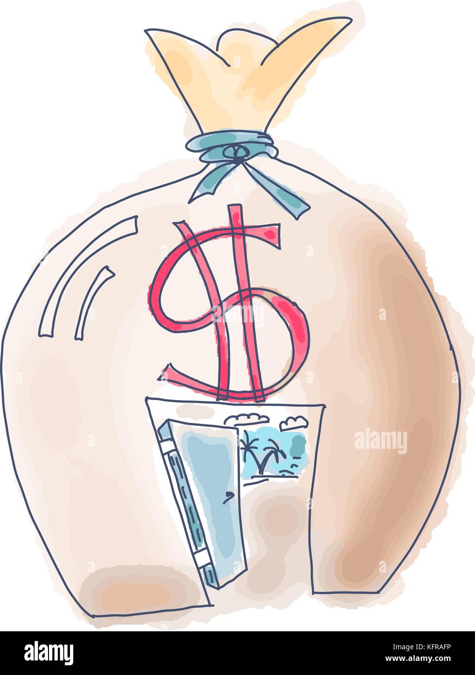 Vettore concetto business illustrazione di un sacco di soldi seguita da una vita di lusso con viaggi Illustrazione Vettoriale