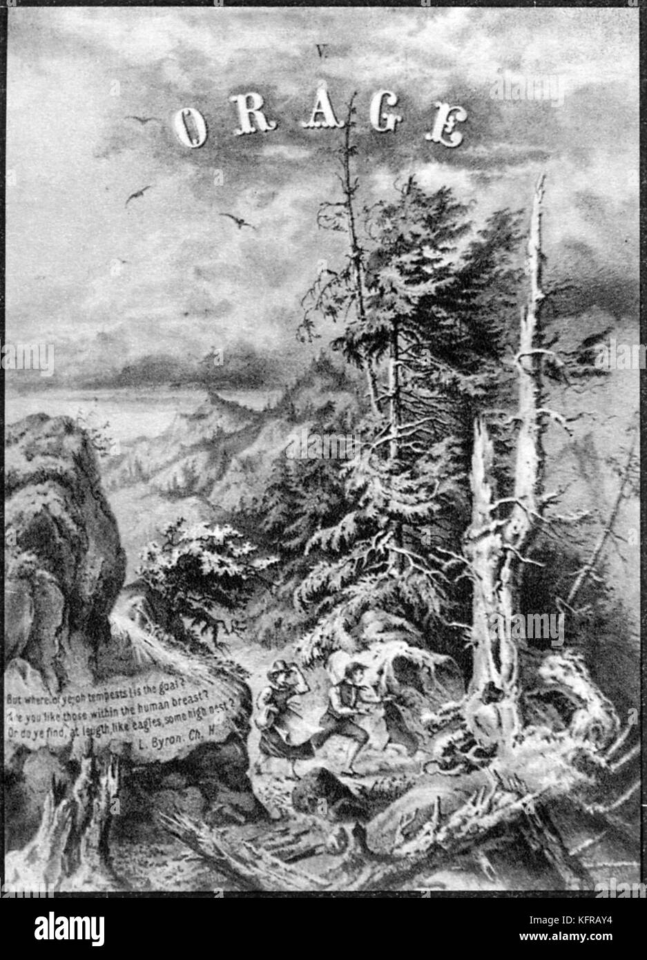 Années de Pèlerinage di Franz Liszt. Libro V ("Orage - "Storm") dalla raccolta di pezzi per pianoforte. Ispirato al compositore viaggi in Svizzera e in Italia (qui "1re Année. Suisse"). Il coperchio illustrato mostra bucolico paesaggio svizzero con il lago e la valle. Epigrafe del poema di Byron. Pubblicato nel 1855 da Schott in Mayence. FL: Ungherese pianista e compositore, 1811-1886. Foto Stock