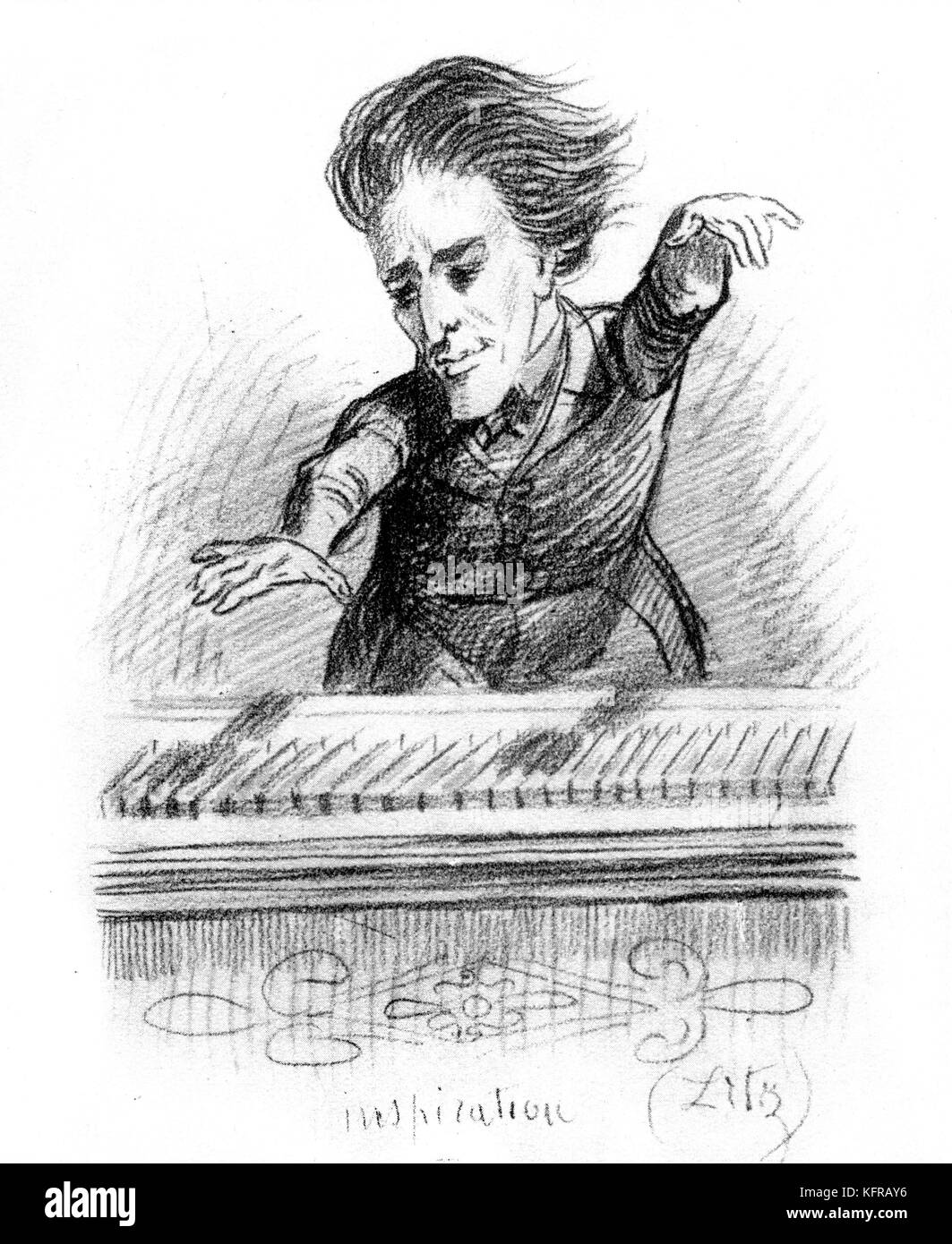 Franz Liszt - caricatura, probabilmente disegnato c. 1837. Intitolato "ispirazione". FL: Ungherese pianista e compositore, 22 Ottobre 1811 - 31 luglio 1886. Foto Stock