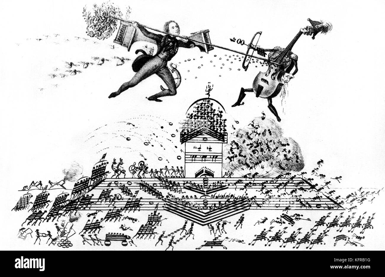 Franz Liszt - caricatura, mostrando Liszt guida di nuovo 'Generale Bass", 1842. Ungherese pianista e compositore, 22 Ottobre 1811 - 31 luglio 1886. Foto Stock