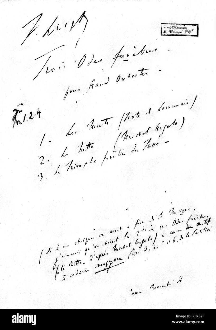Tre funerali odi di Franz Liszt - Titolo pagina della partitura musicale. Ungherese pianista e compositore, 22 Ottobre 1811 - 31 luglio 1886. Foto Stock