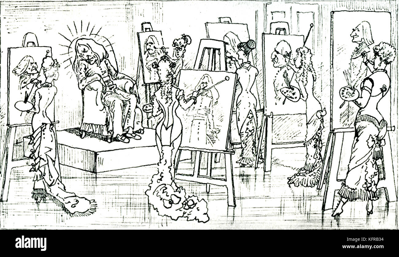 Franz Liszt pone per la sua femmina ammiratori - caricatura. Didascalia ungherese si legge: "Nella sua patria egli trova gli stessi tormenti". Ungherese pianista e compositore, 22 Ottobre 1811 - 31 luglio 1886. Foto Stock