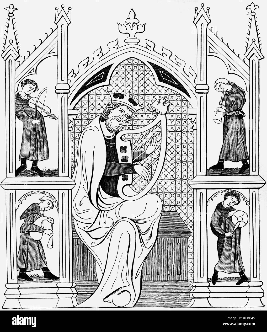 Il re Davide giocando una lira, circondato da quattro altri musicisti che suonano una varietà di strumenti, compresa la cornamusa, un tamburo, una lira e una tromba, risalente al XIII secolo. David è spesso collegato con la musica di testi biblici, ed è denominato "il preferito dei canti di Israele". Foto Stock