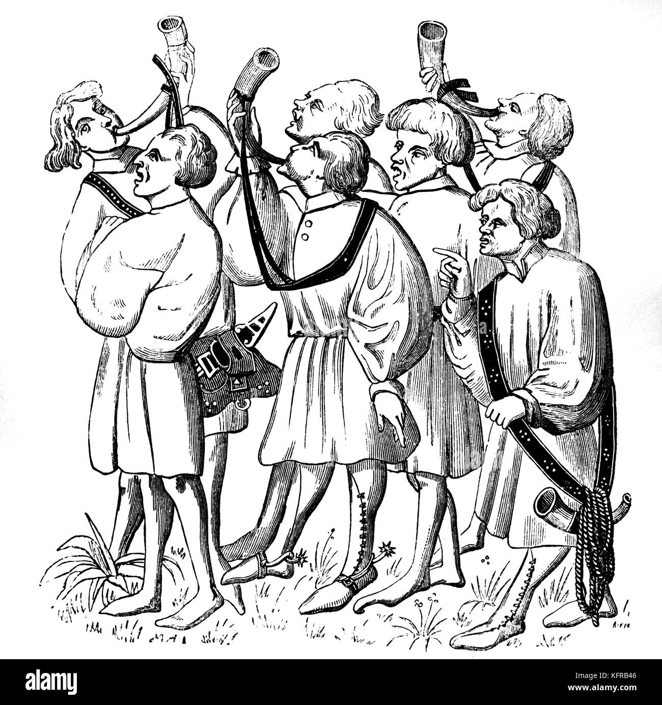 I cacciatori di corna di soffiaggio, riprodotti da un quindicesimo secolo manoscritto di Phoebus. La didascalia recita "come gridare e colpo corna'. Gaston Phoebus, Conte di Foix, scrisse il Livre de Chasse (Libro di Hunt), per Filippo il grassetto della Borgogna, tra 1387 e 1388, quale descritto ed illustrato le pratiche di caccia e i comportamenti degli animali. Foto Stock