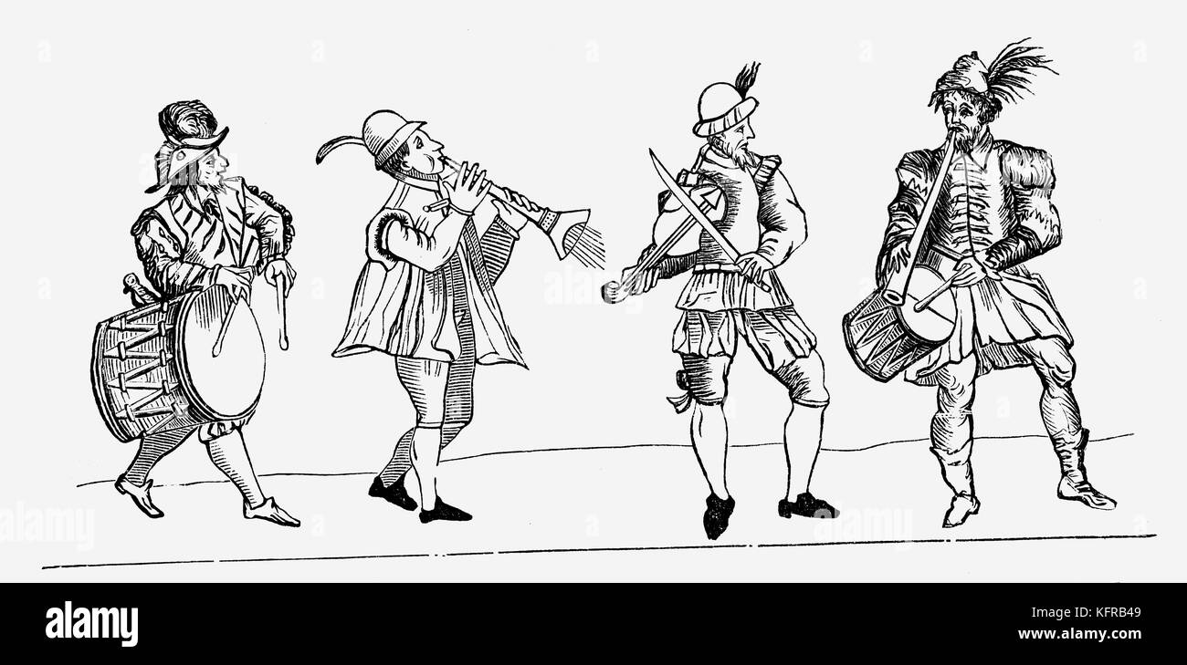 Musicisti che accompagnano le danze, riprodotti da una incisione Thoinot Arbeau 'Orchésographie', uno studio del sedicesimo secolo tardo rinascimentale francese danza sociale. Chierico francese e scrittore, nome reale Jehan Tabourot, 17 marzo 1519 - 23 luglio, 1595. Foto Stock