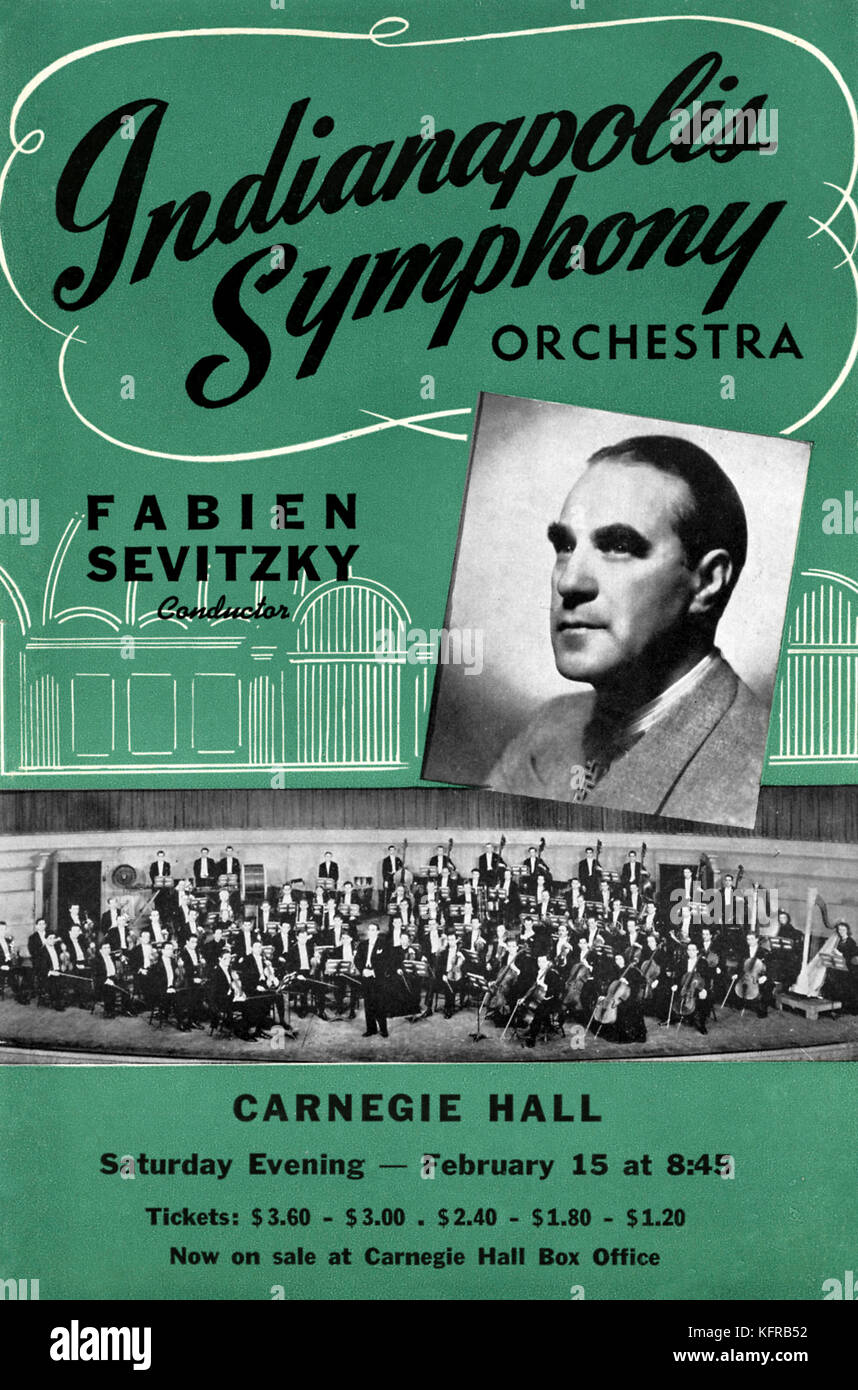 Fabien Sevitzky con Indianapolis Symphony Orchestra - Concerto poster. Russo-americano nato conduttore, 29 settembre 1893 - 3 febbraio 1967. Foto Stock