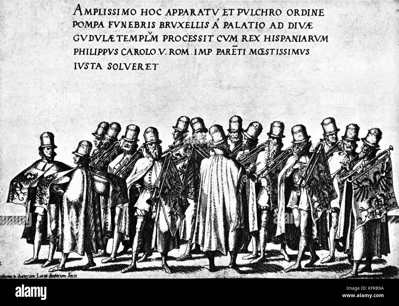 Corte trombettieri al funerale di Carlo V 1558. Incisione di Joannes van Duetecum Foto Stock