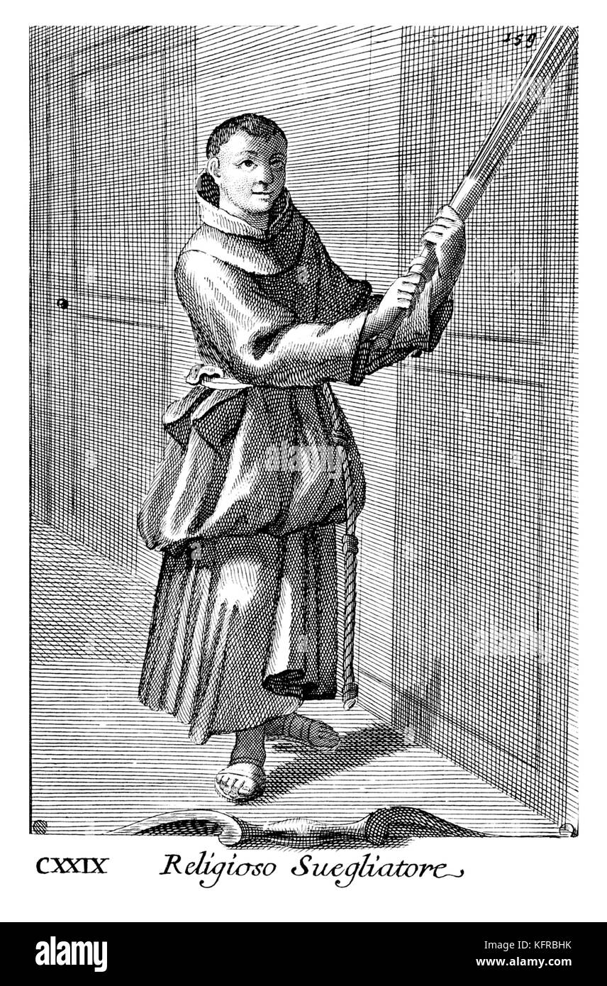 Religioso Suegliatore - allarme monastica utilizzato per la chiamata di sveglia in monasteri francescani. Illustrazione da Filippo Bonanni 'Gabinetto Armonico" pubblicato nel 1723, l'Illustrazione 129. Foto Stock