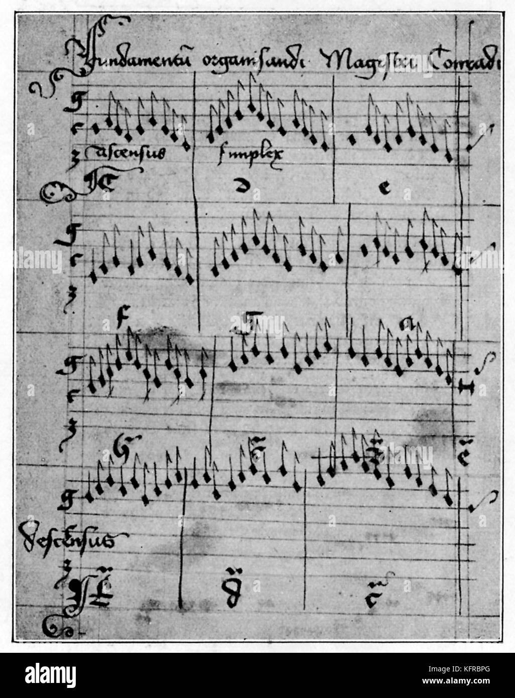 Apertura del 'Fundamentum organisandi Magistri Conradi' (Paumann, dal più antico libro di testo sulla composizione organistica (in tedesco la tablatura di organo), datati 1452-3. Wernigerode, Fürstliche Stolbergsche Bibliothek (riprodotta dal Wolbing-Verlag, Berlino). Foto Stock