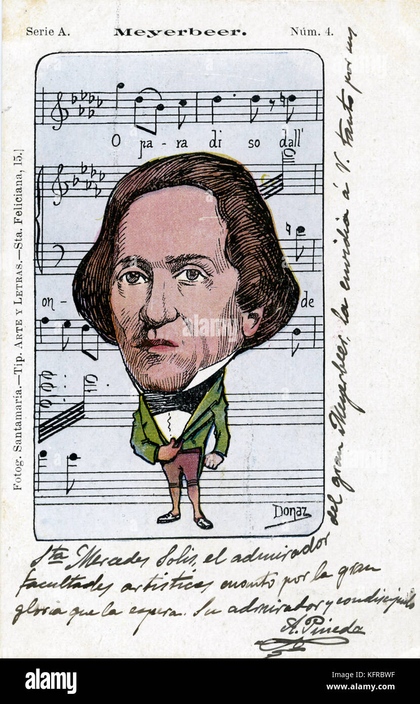 Giacomo Meyerbeer - caricatura e il punteggio. Compositore tedesco, 5 settembre 1791 - 2 maggio 1864. Punteggio è 'O Paradiso' da 'L Africaine'. Foto Stock