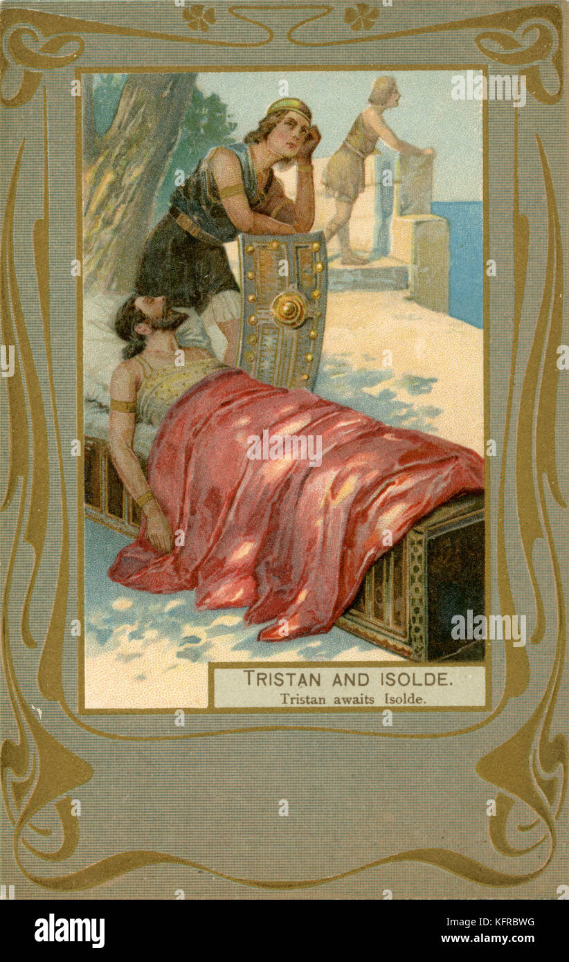 Tristano e Isotta di Wagner - illustrazione. Richard Wagner, del compositore tedesco & autore: 22 Maggio 1813 - 13 febbraio 1883. Illustrazione di Tristan (sul letto) in attesa di Isotta. Foto Stock