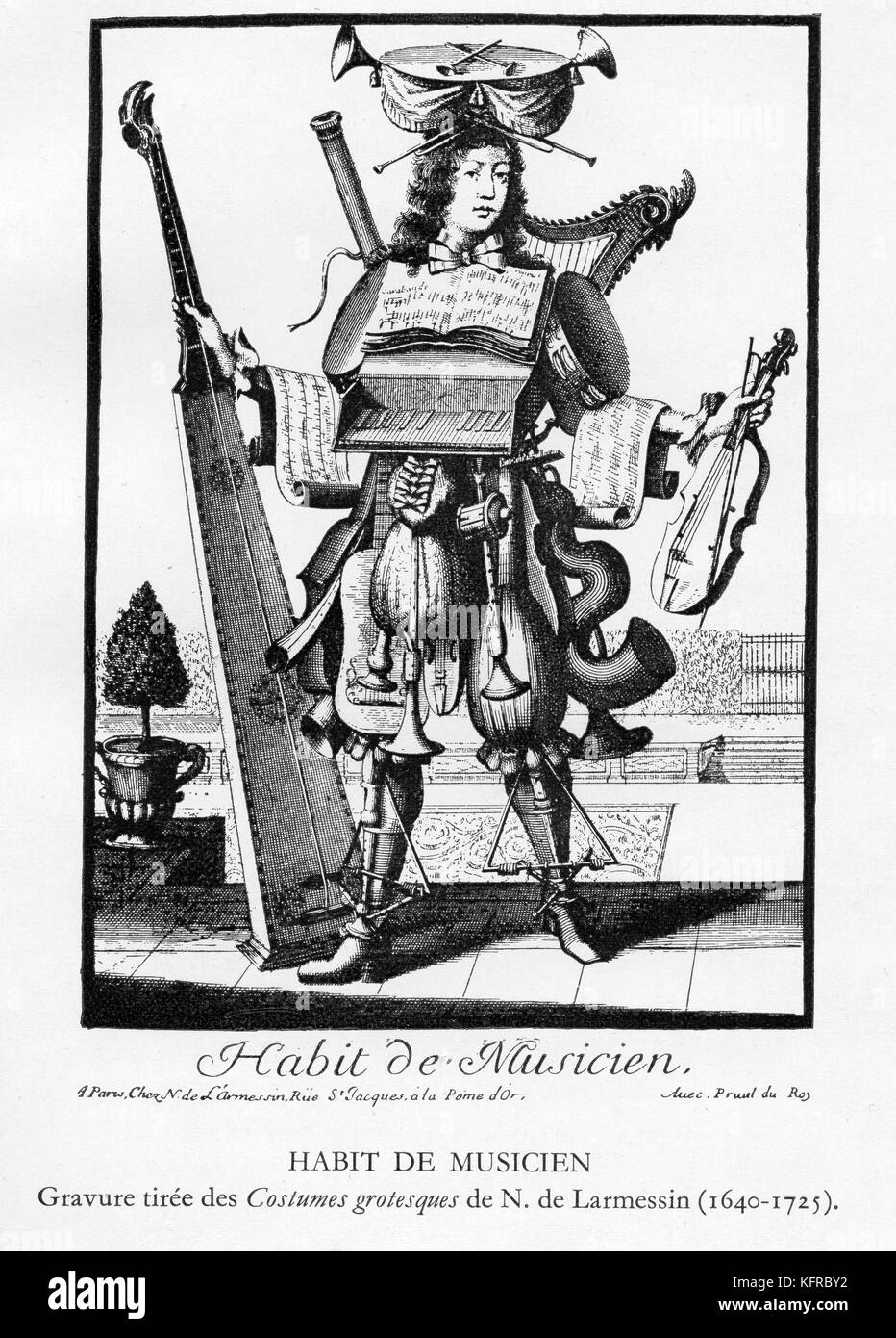 Un abito per un musicista. Mostra un uomo che indossa un costume fatto da strumenti e fogli di musica. La didascalia recita: 'abitudine de Musicien'. Incisione da 'costumi grotteschi' da N. De Larmessin (1640 - 1725). Foto Stock