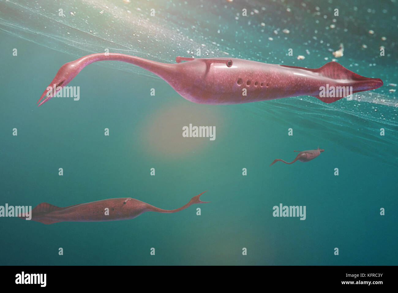 Tullimonstrum, gruppo di tully mostri nuotare nell'oceano, il fossile di stato di Illinois Foto Stock