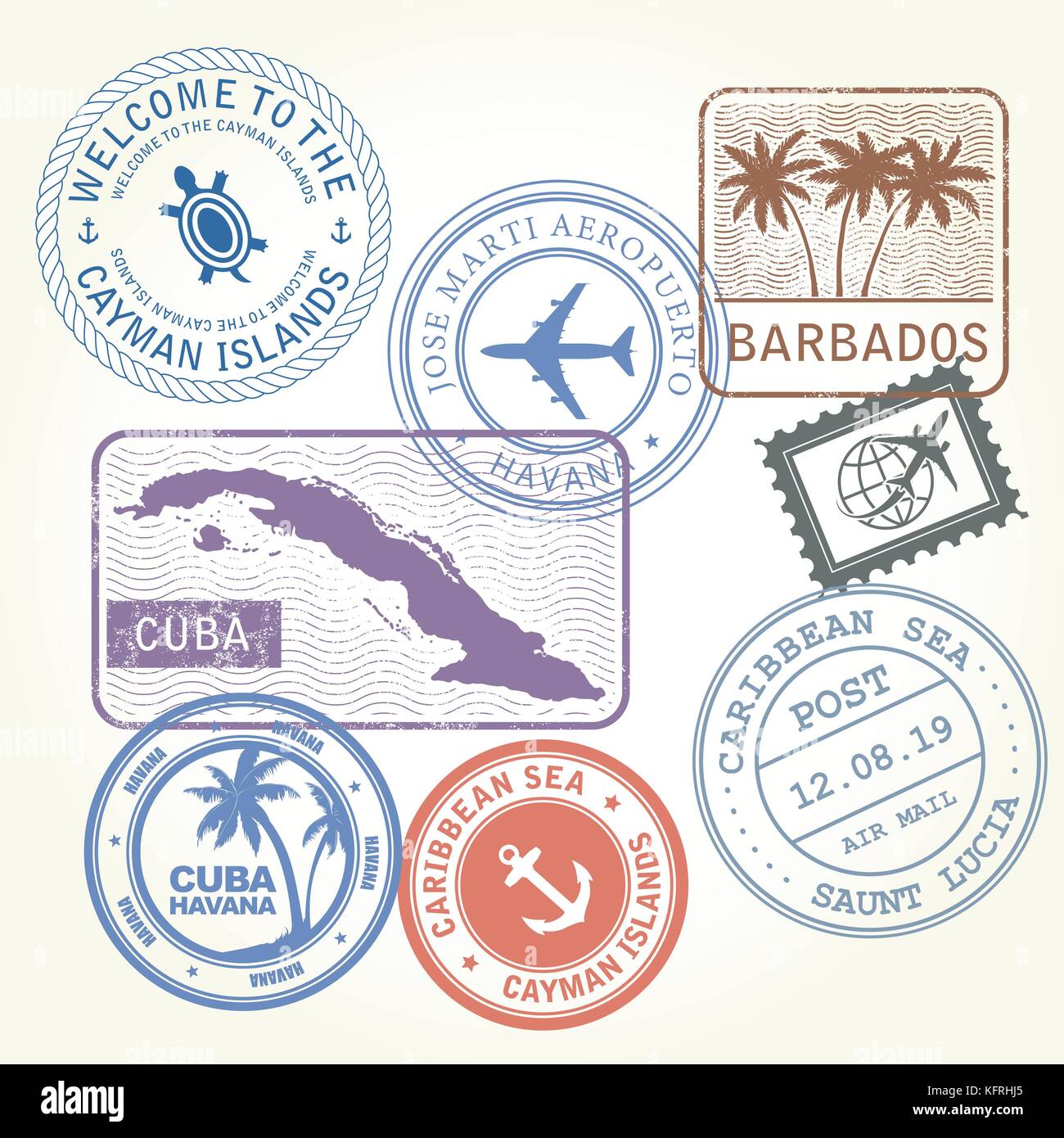 Francobolli di viaggio impostato sul Mare dei Caraibi tema Illustrazione Vettoriale