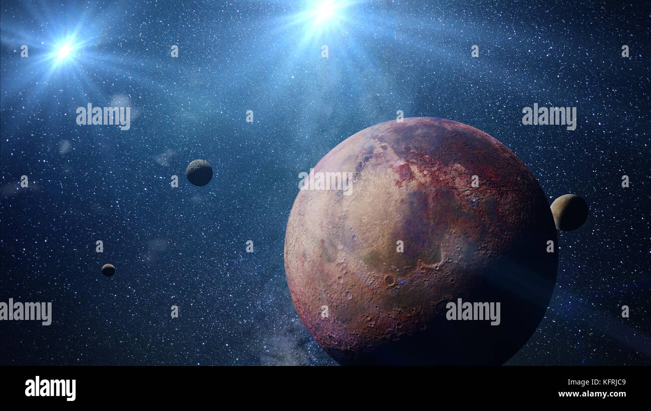Bella exoplanet con eso-lune orbitanti attorno un alieno sistema stellare binario (spazio 3d'illustrazione) Foto Stock