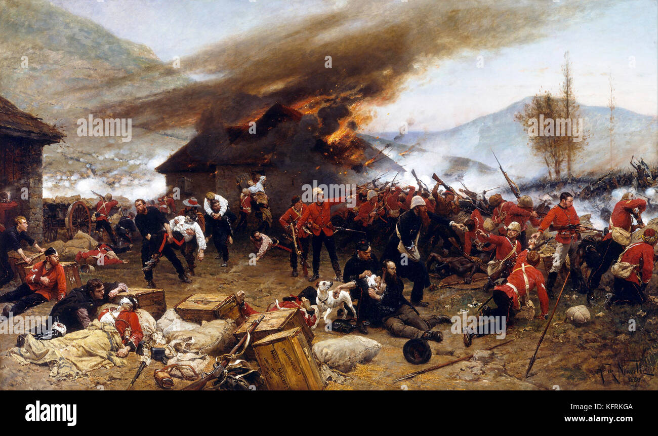 La pittura della battaglia di Rorke's deriva da Alphonse de Neuville che ha avuto luogo a Natal durante l'anglo-zulu guerra nel 1879 Foto Stock