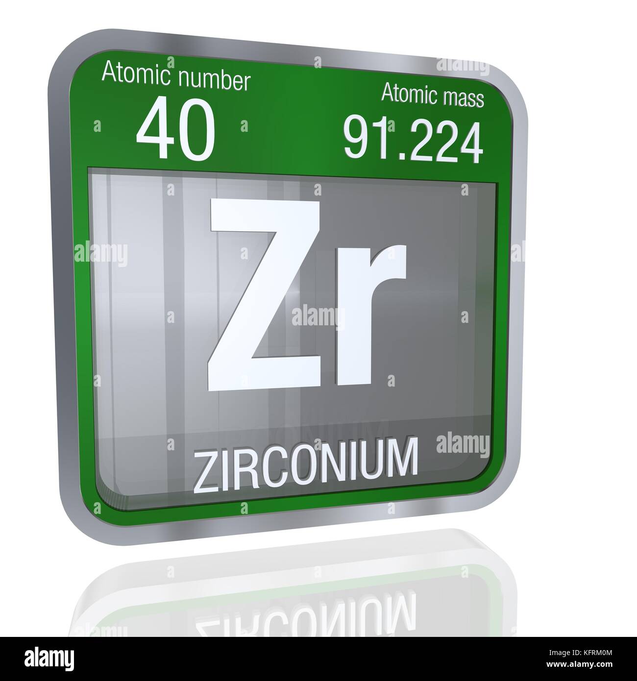 Simbolo di zirconio a forma quadrata con bordo metallico e sfondo trasparente con riflesso sul pavimento. Rendering 3D. Numero elemento 40 del PE Foto Stock