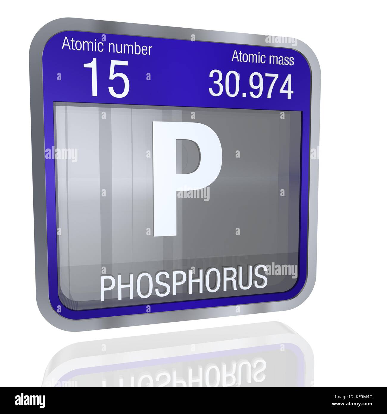 Simbolo del fosforo in forma quadrata con bordo metallico e sfondo trasparente con riflesso sul pavimento. Rendering 3D. Elemento numero 15 della P Foto Stock