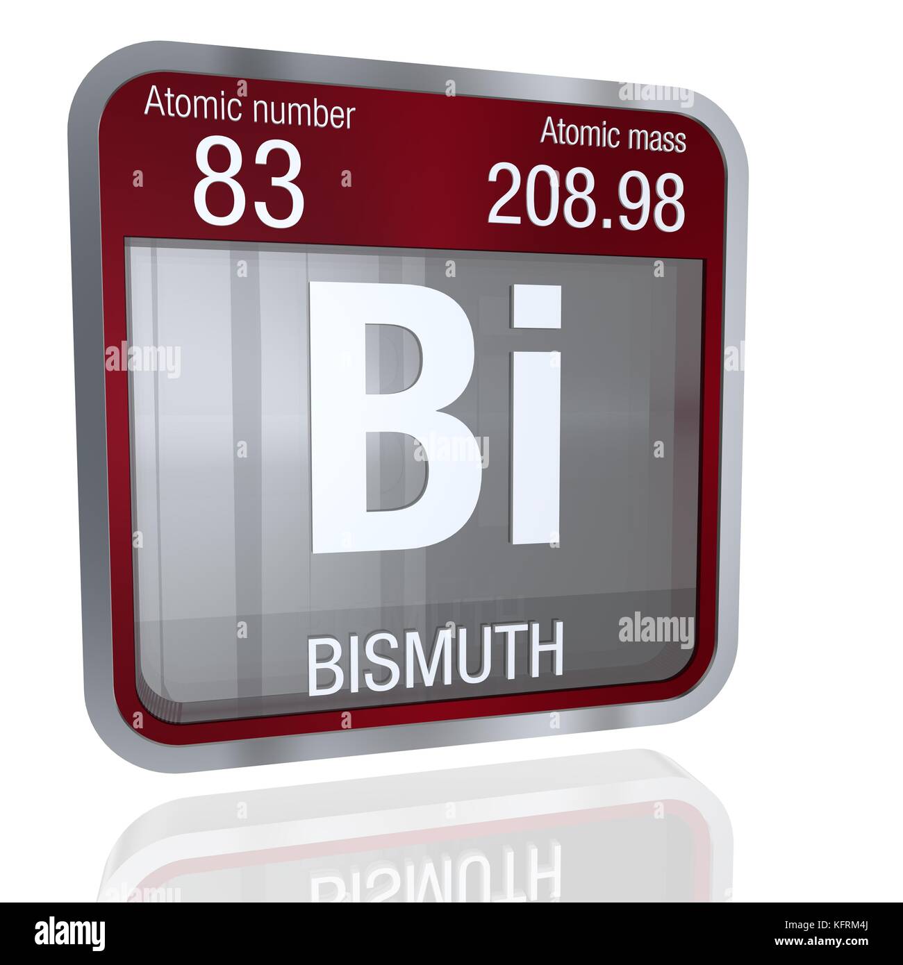 Simbolo di bismuto in forma quadrata con bordo metallico e sfondo trasparente con riflesso sul pavimento. Rendering 3D. Elemento numero 83 del Peri Foto Stock