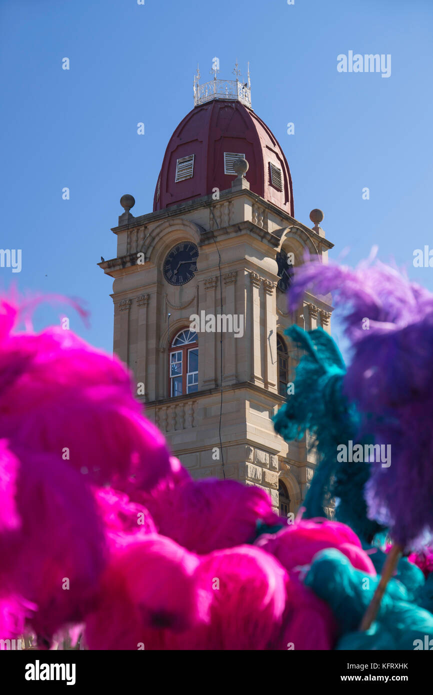 Piume di struzzo al di fuori c p nel museo, Oudtshoorn, Western Cape, Sud Africa Foto Stock