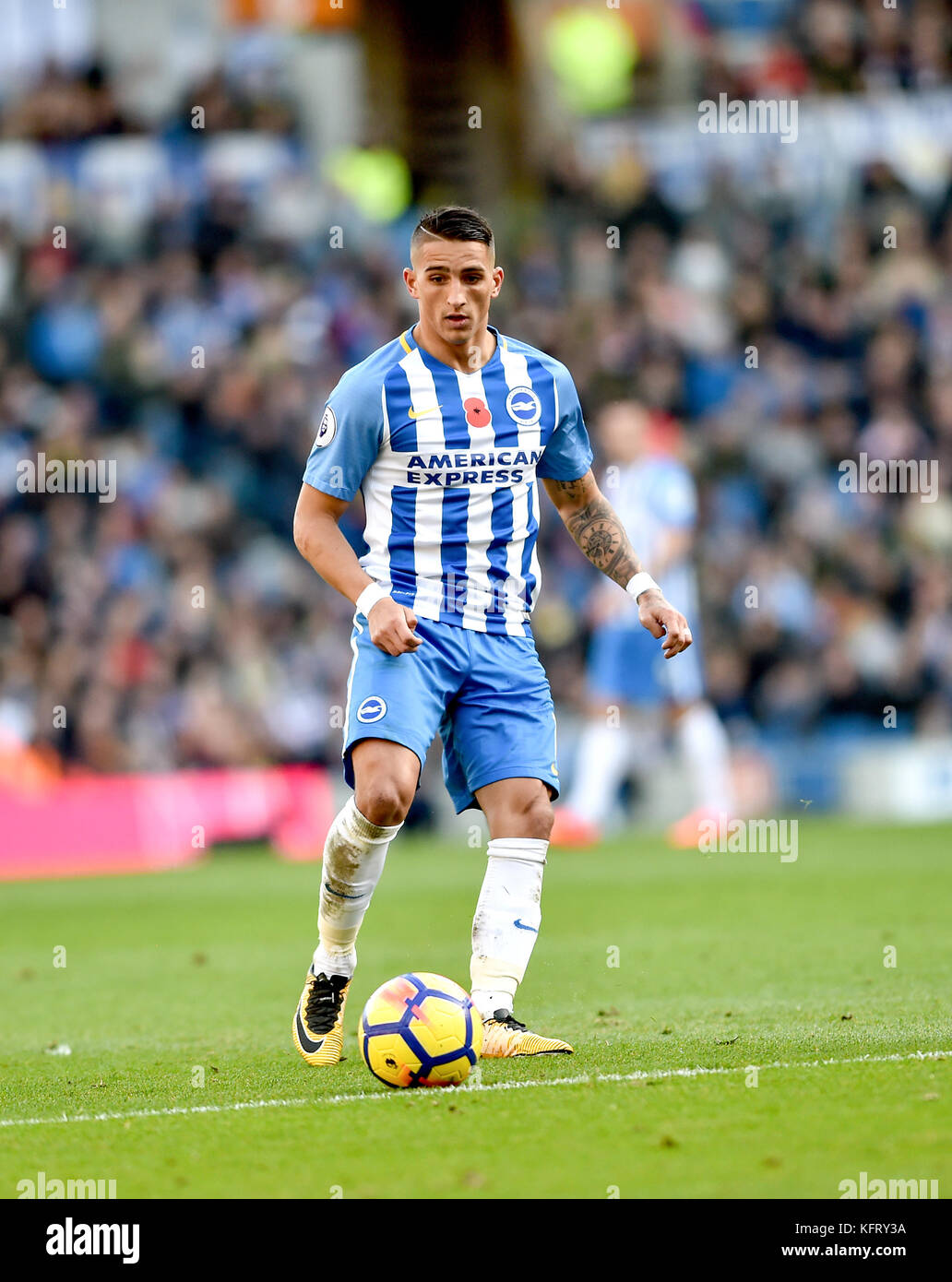 Anthony Knockaert di Brighton durante la partita della Premier League tra Brighton e Hove Albion e Southampton all'American Express Community Stadium di Brighton e Hove. 29 ottobre 2017 - solo per uso editoriale. Nessuna merchandising. Per le immagini di calcio si applicano restrizioni fa e Premier League inc. Nessun utilizzo di Internet/mobile senza licenza FAPL - per i dettagli contattare Football Dataco Foto Stock