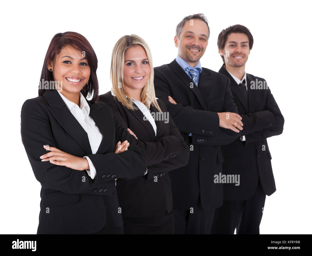 Diversi gruppi di persone di affari con fiducia Insieme permanente su sfondo bianco Foto Stock