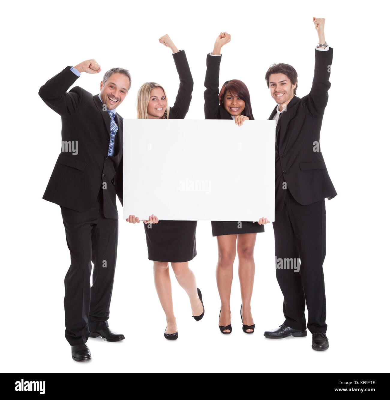 Gruppo di happy business colleghi holding billboard isolati su sfondo bianco Foto Stock
