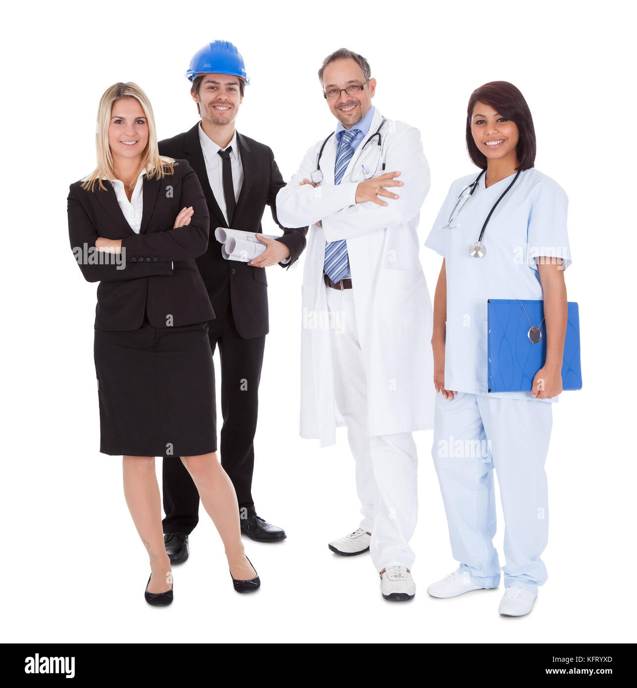 Ritratto di felici le persone di diverse professioni insieme su sfondo bianco Foto Stock