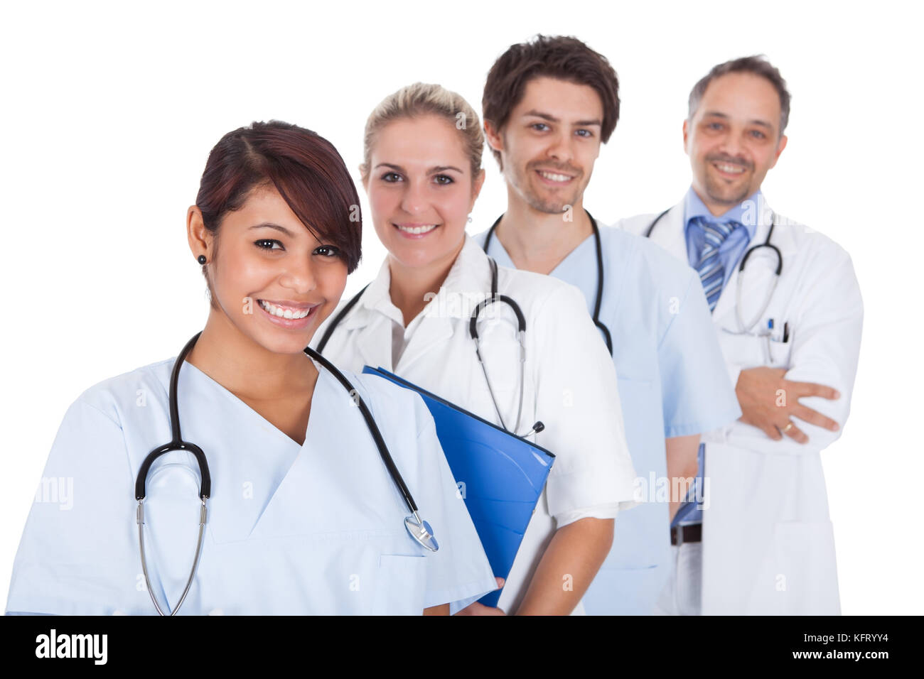 Il gruppo di medici in piedi insieme isolate su sfondo bianco Foto Stock