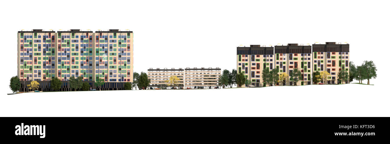 Il rendering di moderni edifici residenziali con strutture esterne, facciata di nuove case a basso consumo energetico Foto Stock