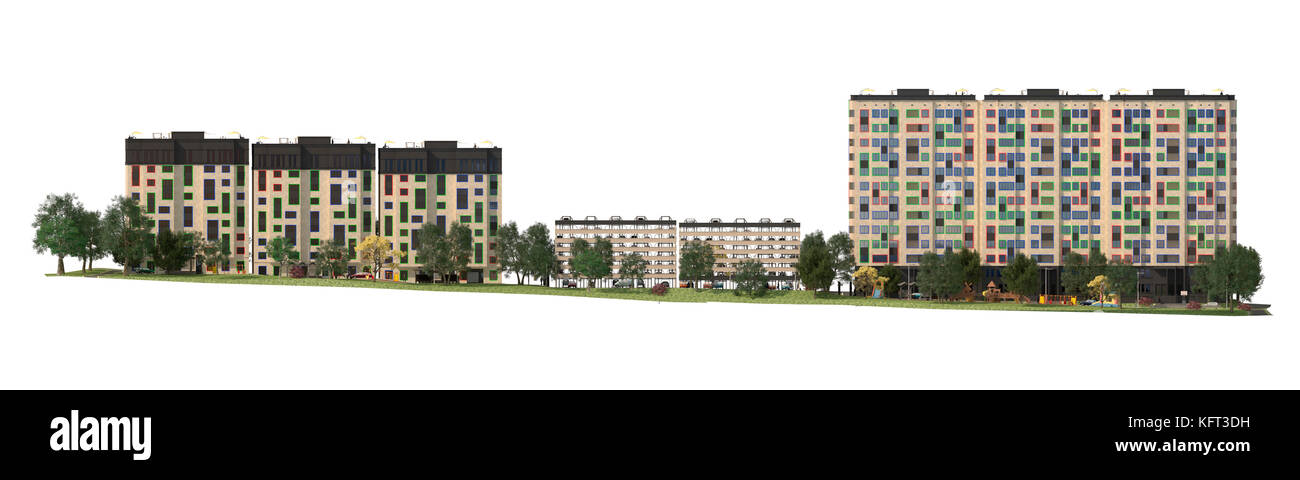 Il rendering di moderni edifici residenziali con strutture esterne, facciata di nuove case a basso consumo energetico Foto Stock