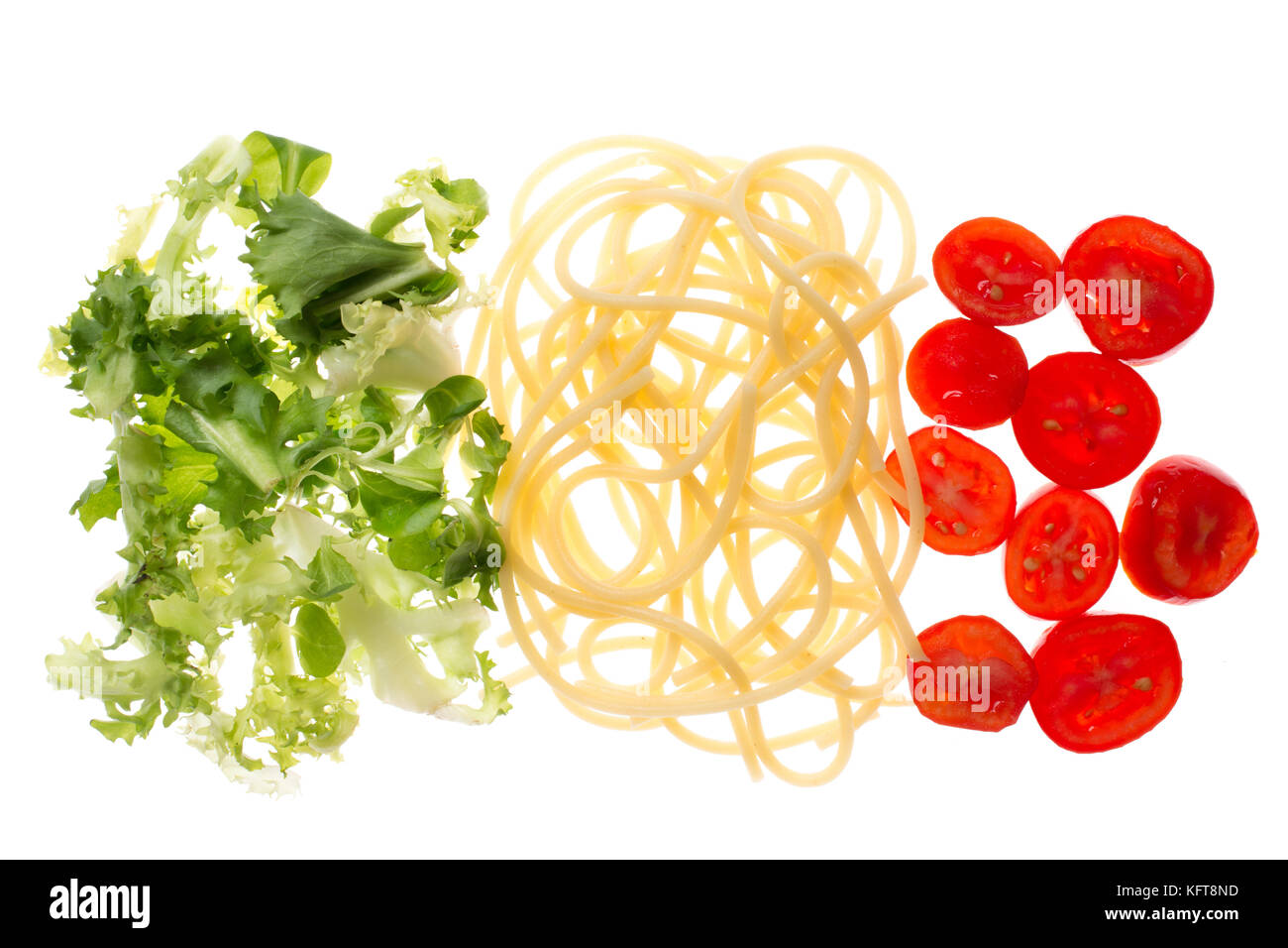 Il ristorante italiano, il cibo con bandiera colori. La pasta, lattuga e pomodoro. dieta mediterranea concept Foto Stock