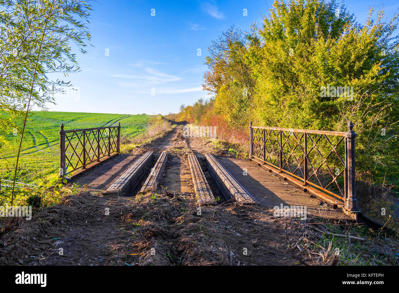 Trave di acciaio ponte sulla rimanente in disuso rimosso / Linea ferroviaria - Francia. Foto Stock