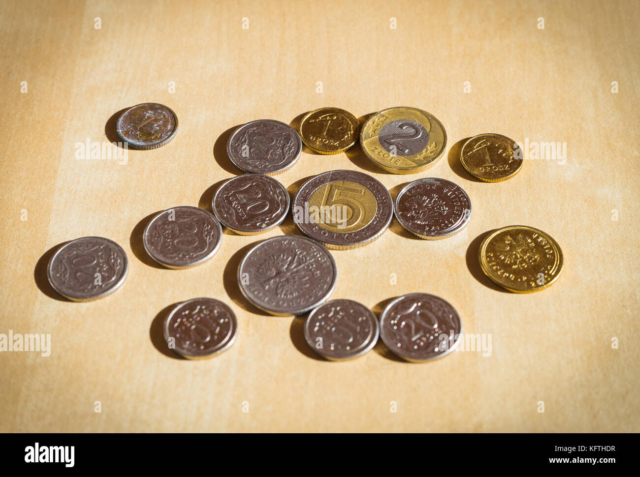 Valuta polacca di monete di zlotys e groszy Foto Stock