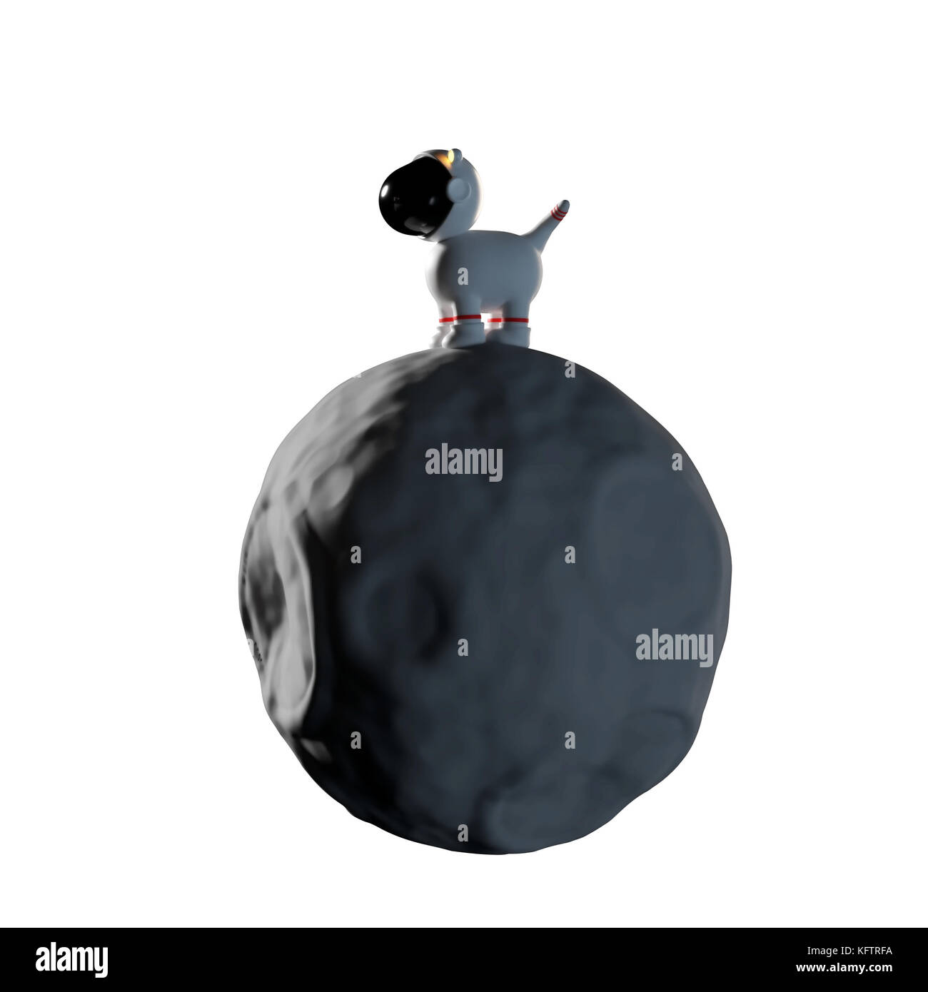 Cartoon carino spazio carattere del cane in bianco tuta spaziale in piedi su un asteroide (3D render, isolati su sfondo bianco) Foto Stock