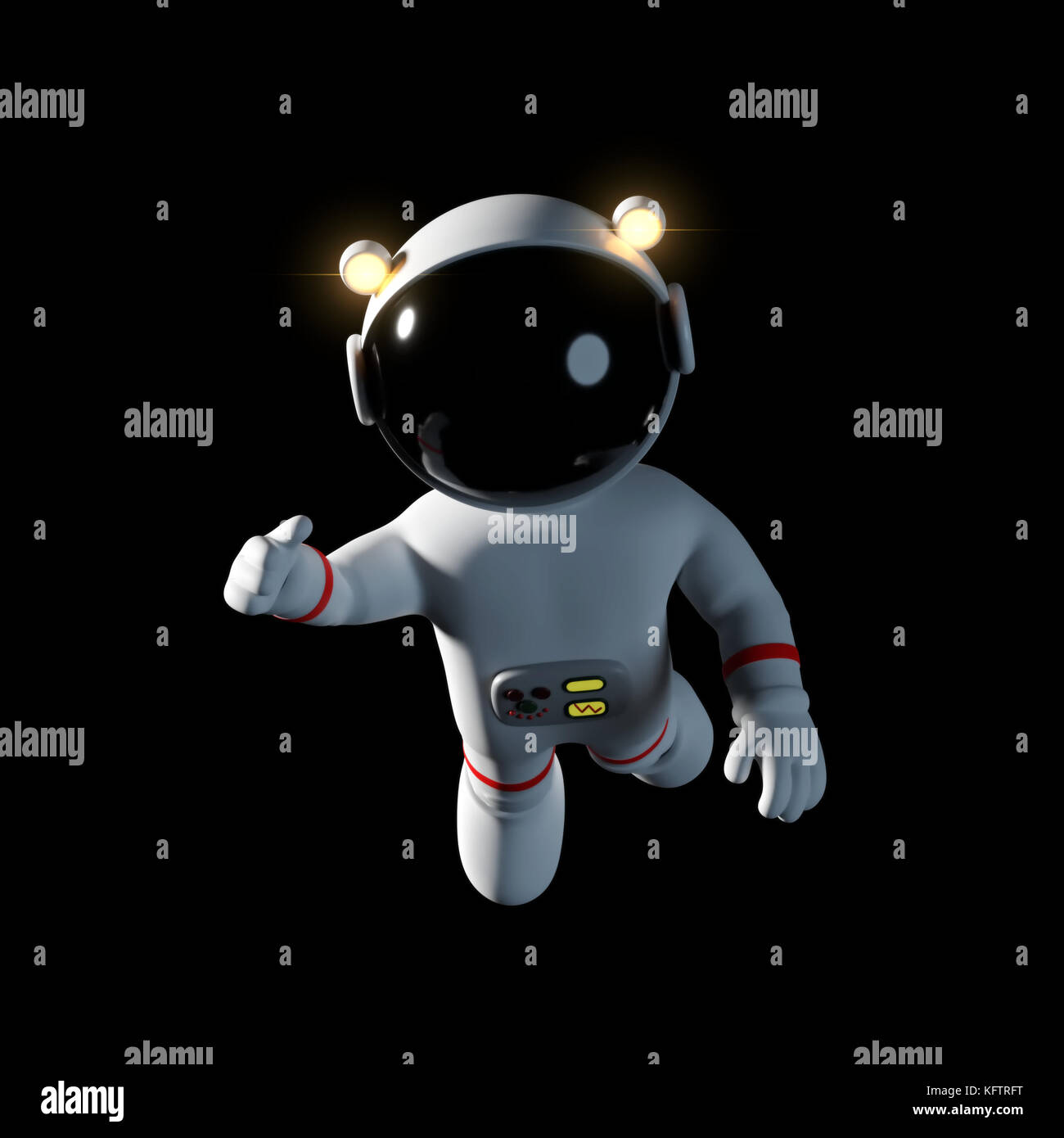 Cartoon carino astronauta carattere in uno spazio bianco tuta è flottante in gravità zero spazio (3d'illustrazione, isolato su sfondo nero) Foto Stock