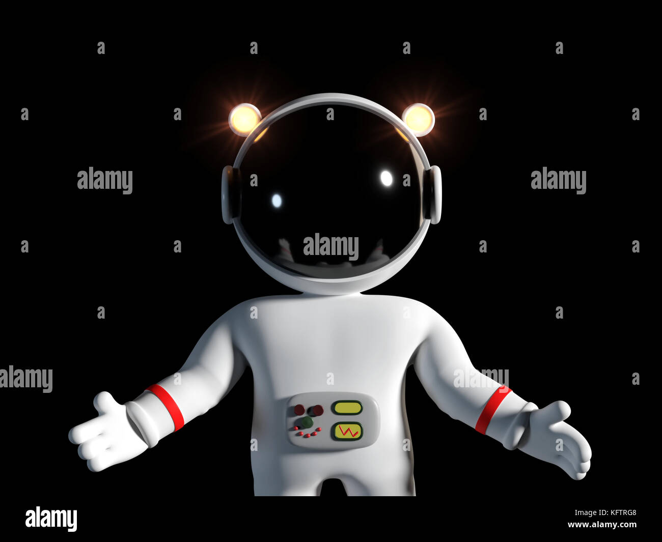 Cartoon astronauta carattere in uno spazio bianco tuta in braccia aperte pongono (3d'illustrazione, isolato su sfondo nero) Foto Stock