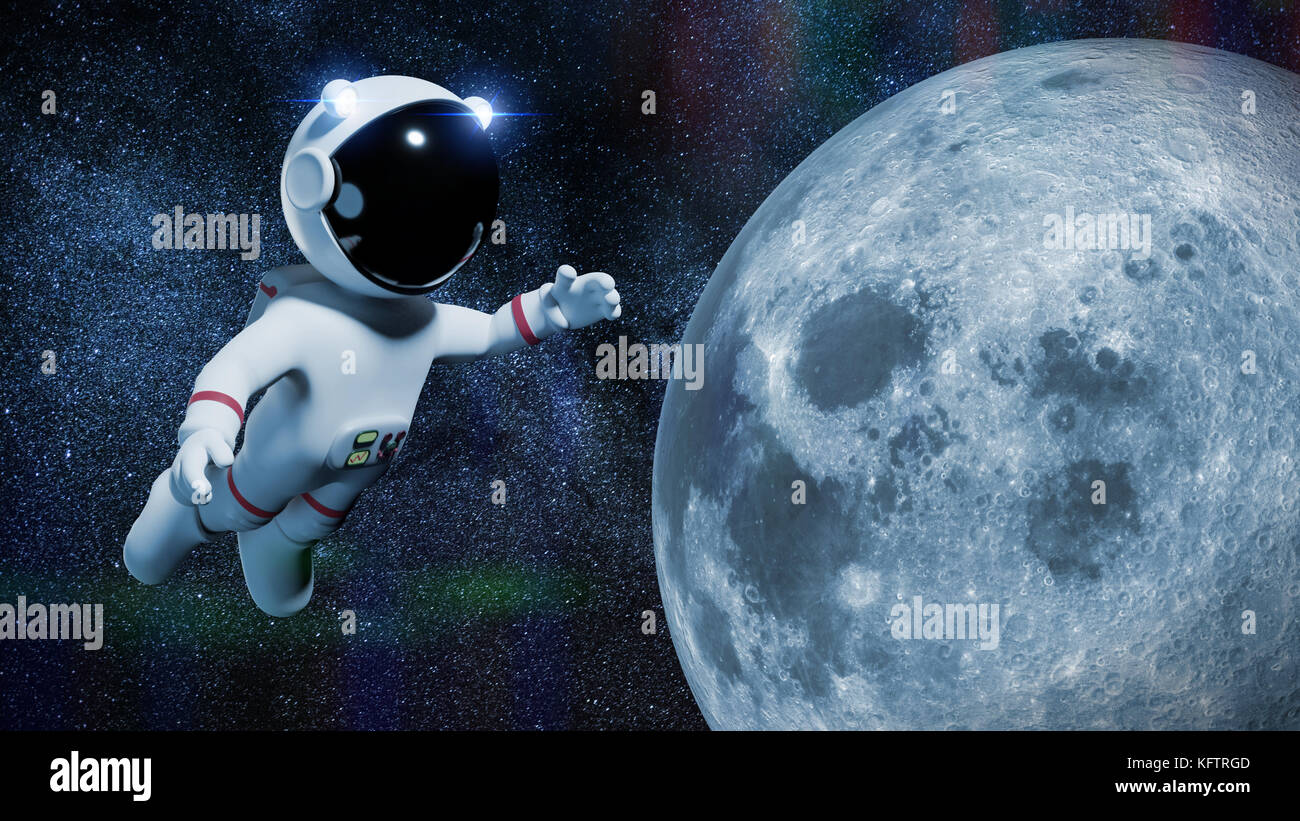 Cartoon astronauta carattere in uno spazio bianco tuta è di eseguire una passeggiata spaziale in orbita della Luna (3d'illustrazione) Foto Stock