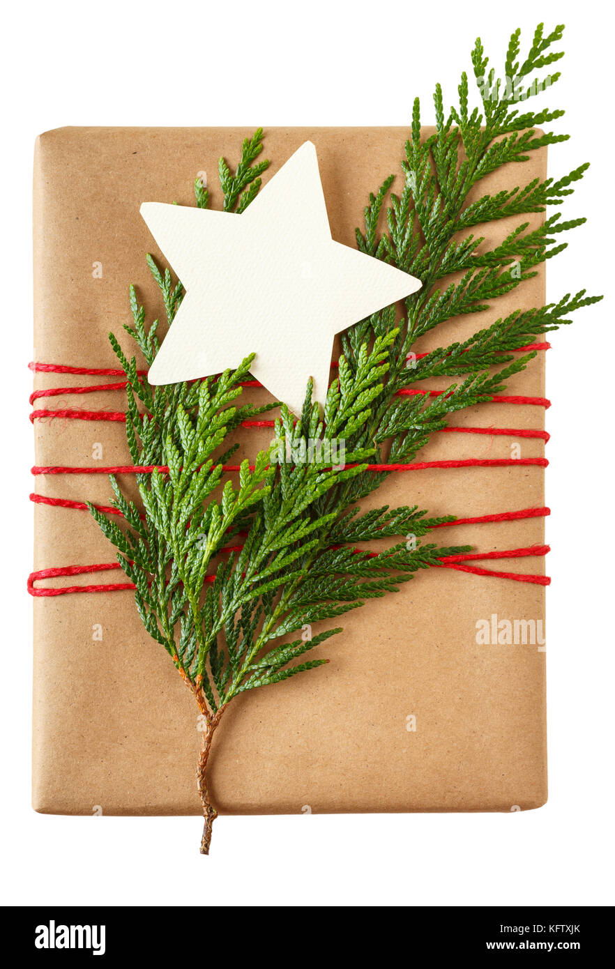 Semplice e rustico regalo di Natale presente con riciclata carta di avvolgimento, naturale evergreen decorazioni e un vuoto tag regalo isolato su sfondo bianco Foto Stock