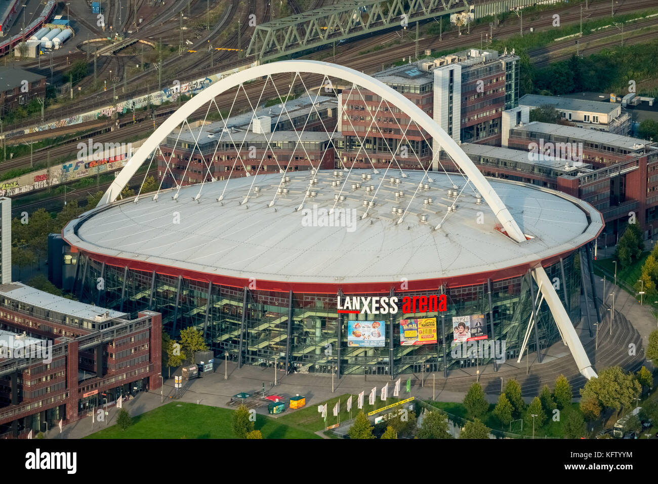 Vista aerea Lanxess Arena, costruzione del Dipartimento delle opere Colonia, Colonia, Renania Settentrionale-Vestfalia, Germania, Europa, Colonia, aereo v Foto Stock